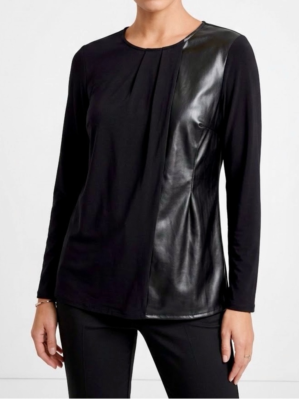 DEMOCRACY Black Long-Sleeve Faux-Leather Paneled Top — #LHP